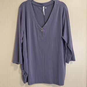 NY Collection Top - Lavender/purple - 3X - V Neck With Rhinestone Zipper Pull